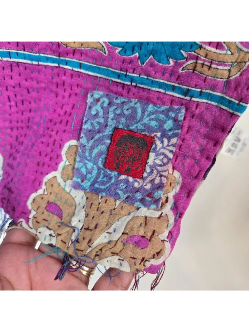 Mieko Mintz Purple & White Hand Stitched Floral Kantha Fabric Scarf Shawl Cotton